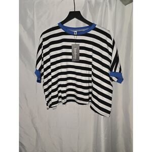 NWT Cropped Striped Tee Top Sz L Black/wht Stripe Blue Trim